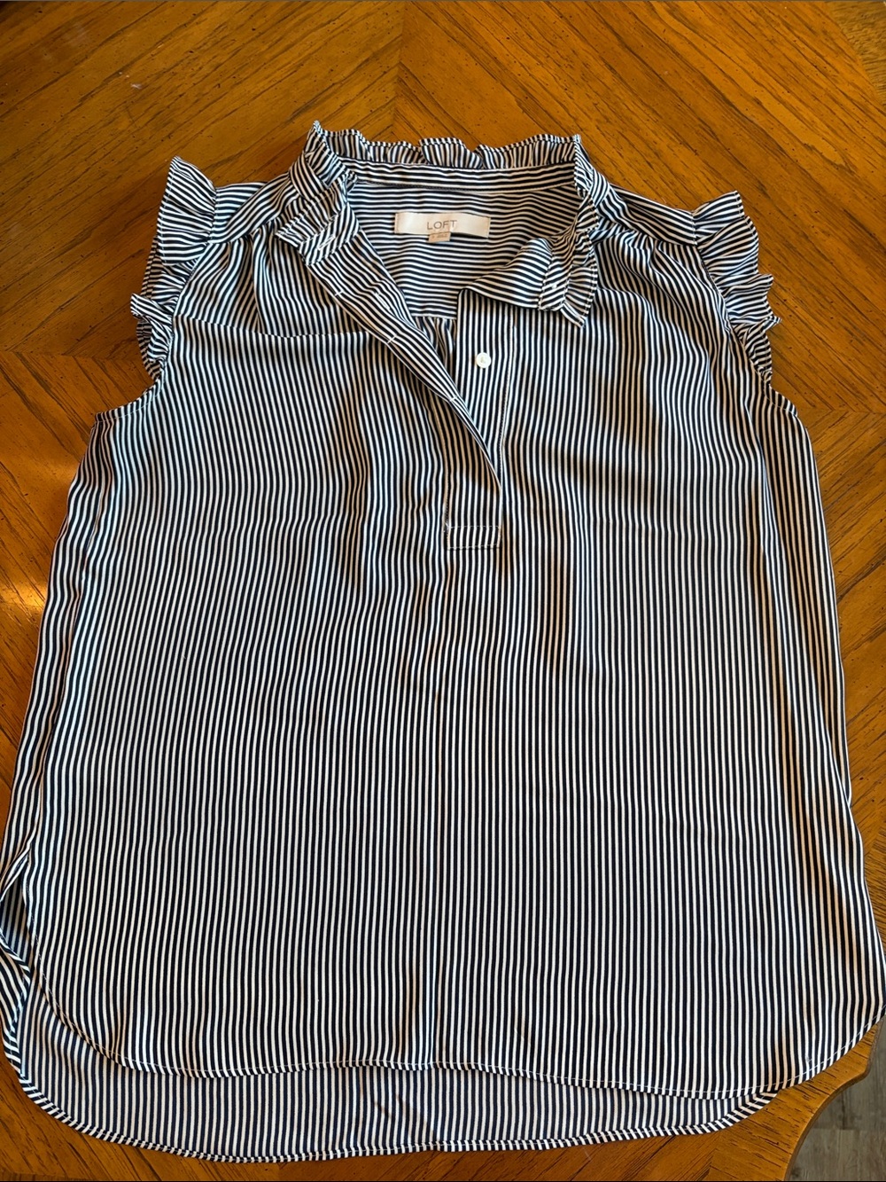 LOFT black and White Vertical Stripe Ruffle Cap-Sleeve Blouse